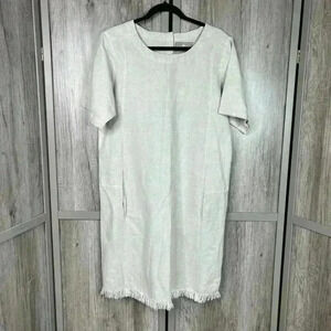 Crown Linen Designs Dress Medium Raw Hem Knee Length Short Sleeves Tan Ivory